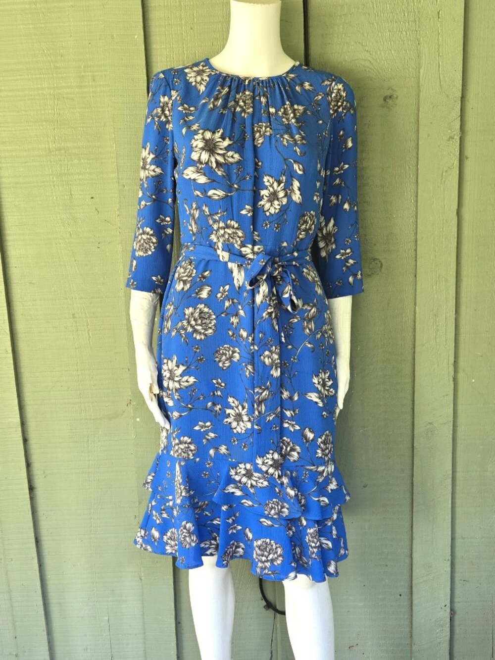 MAGGY LONDON Petite Blue Floral Tie Belt Dress 4P
